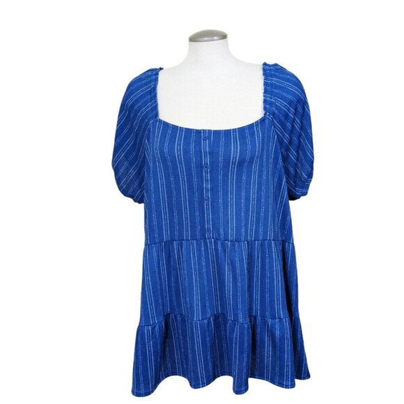 My Style Tiered Blouse Peasant Top Womens Plus Size 1X Blue Striped Puff Sleeeve - Picture 1 of 6